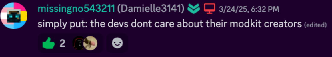 damielle saying that developers dont care about their modkit devs